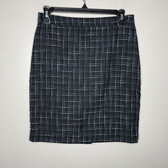 LOFT Skirt Womens 0 Black Plaid Tweed Short Career Rear Slit - Picture 1 of 6